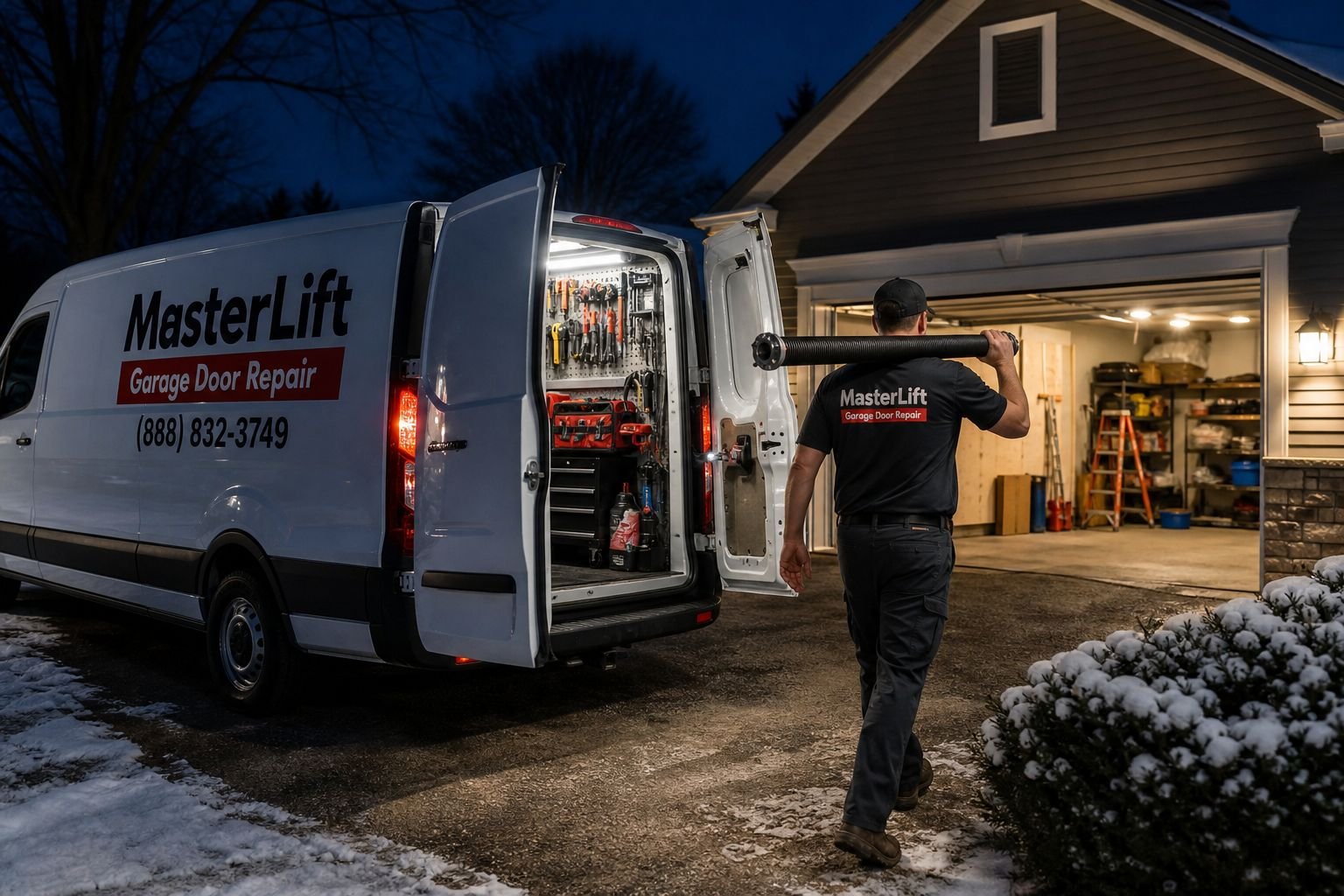 MasterLift van working a night-time emergency garage door call
