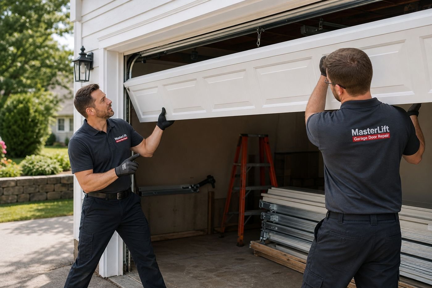 Two MasterLift technicians lifting a new door section into the track
