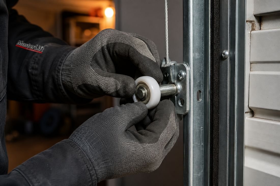 Frayed garage door lift cable being replaced at the drum
