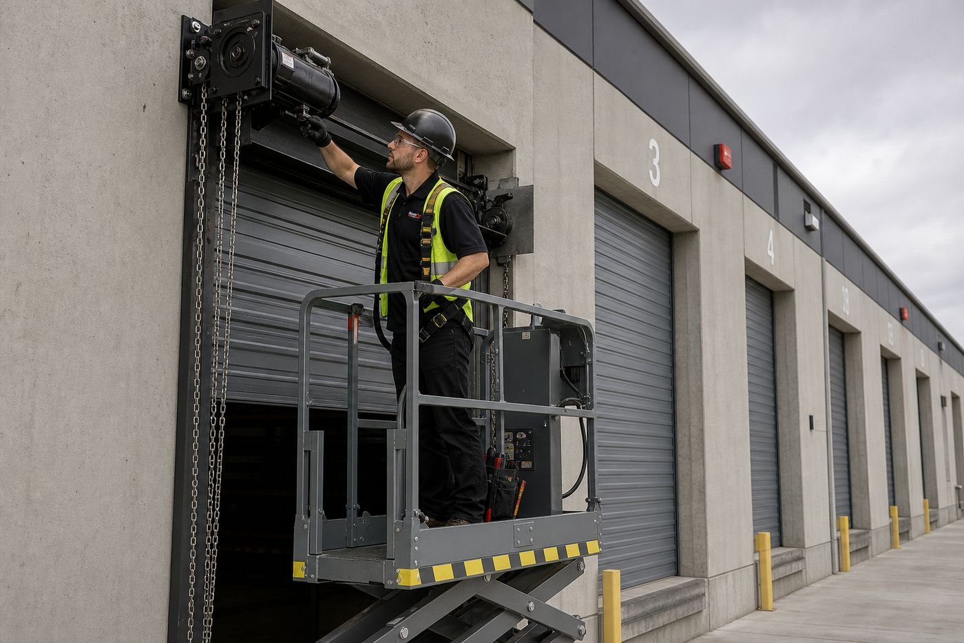 Technician servicing a rolling steel door at a commercial loading bay