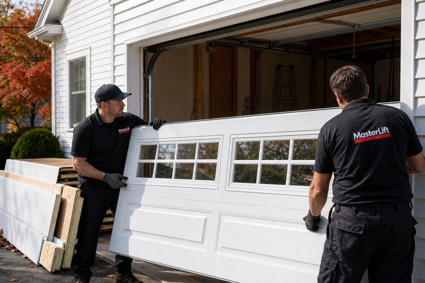 Two MasterLift technicians setting a new insulated garage door