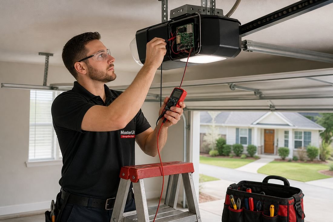 Technician servicing a ceiling-mounted garage door opener