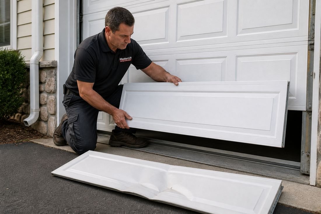 Damaged garage door panel lifted out for replacement