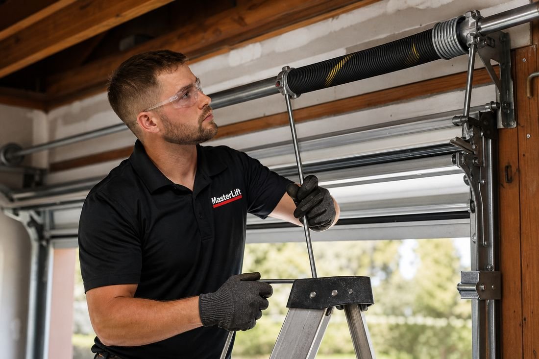 Technician winding a replacement torsion spring above a garage door