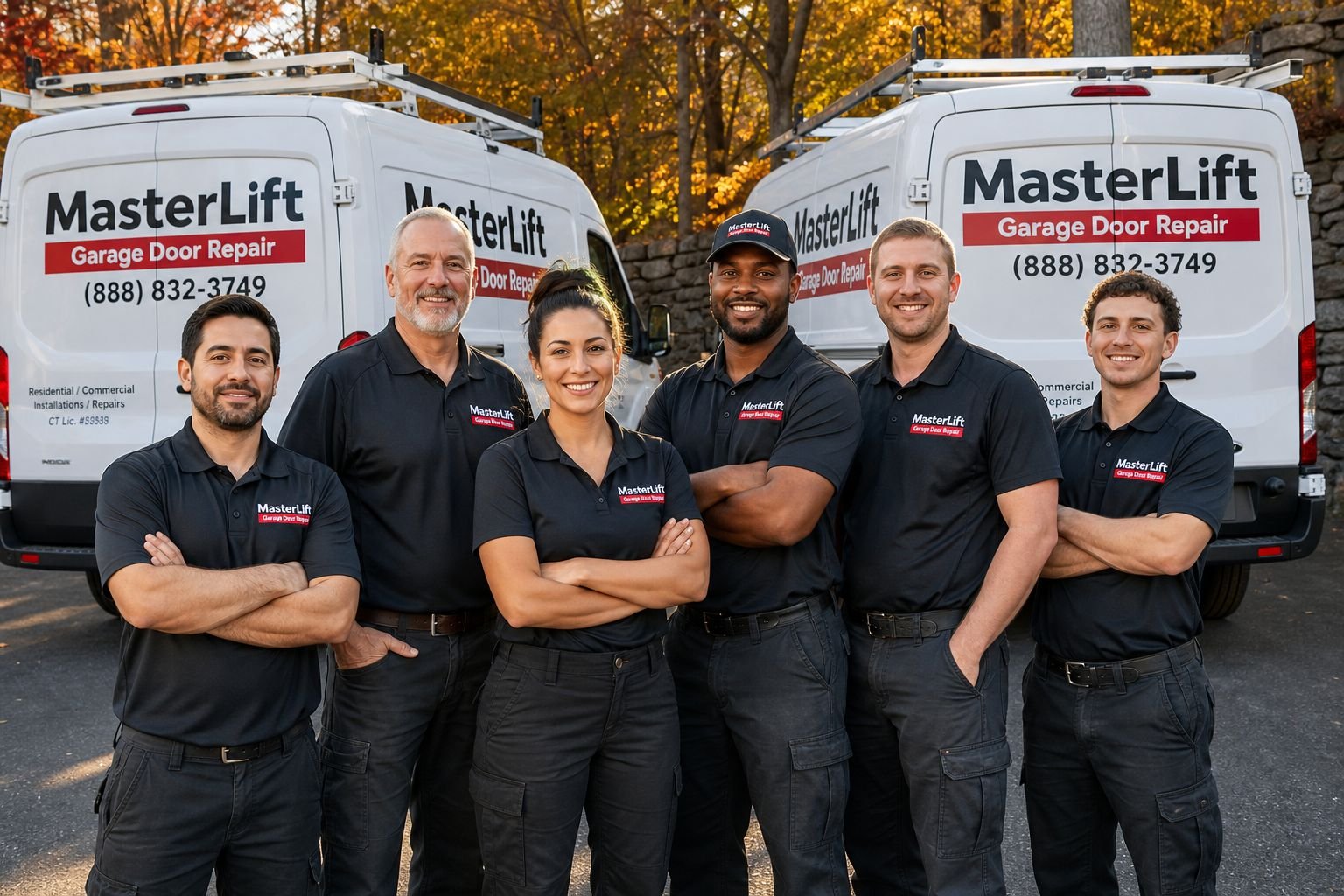 The MasterLift technician team in front of two branded service vans