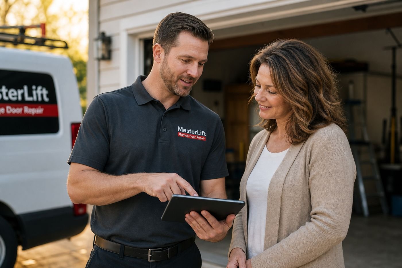 MasterLift technician walking a homeowner through a garage door repair