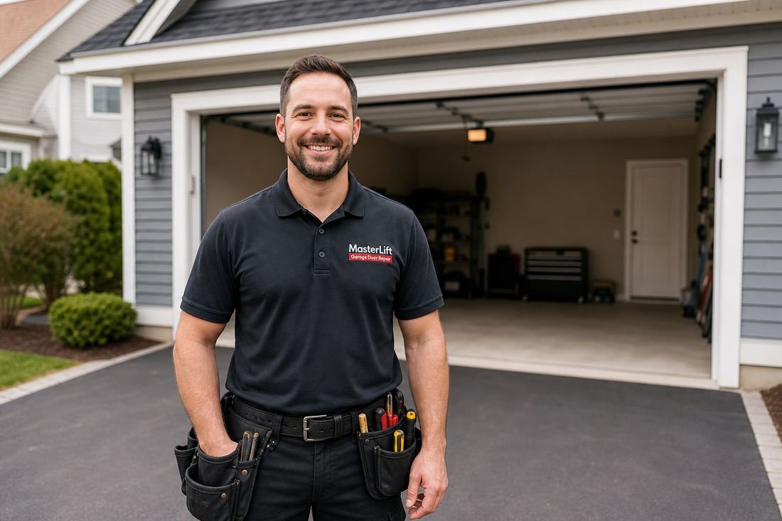 MasterLift technician outside a customer's open garage