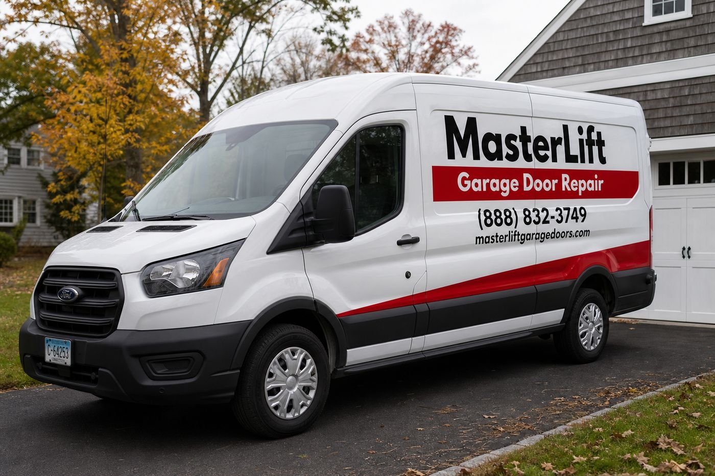 MasterLift branded service van parked in a Connecticut driveway