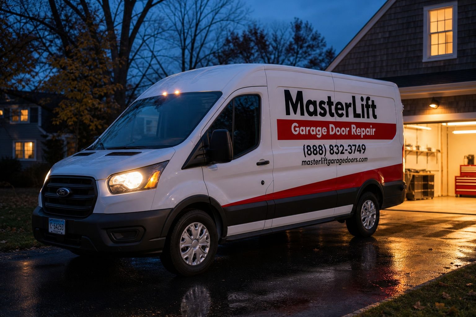 Service van in a Connecticut driveway at dusk with the garage lit behind it