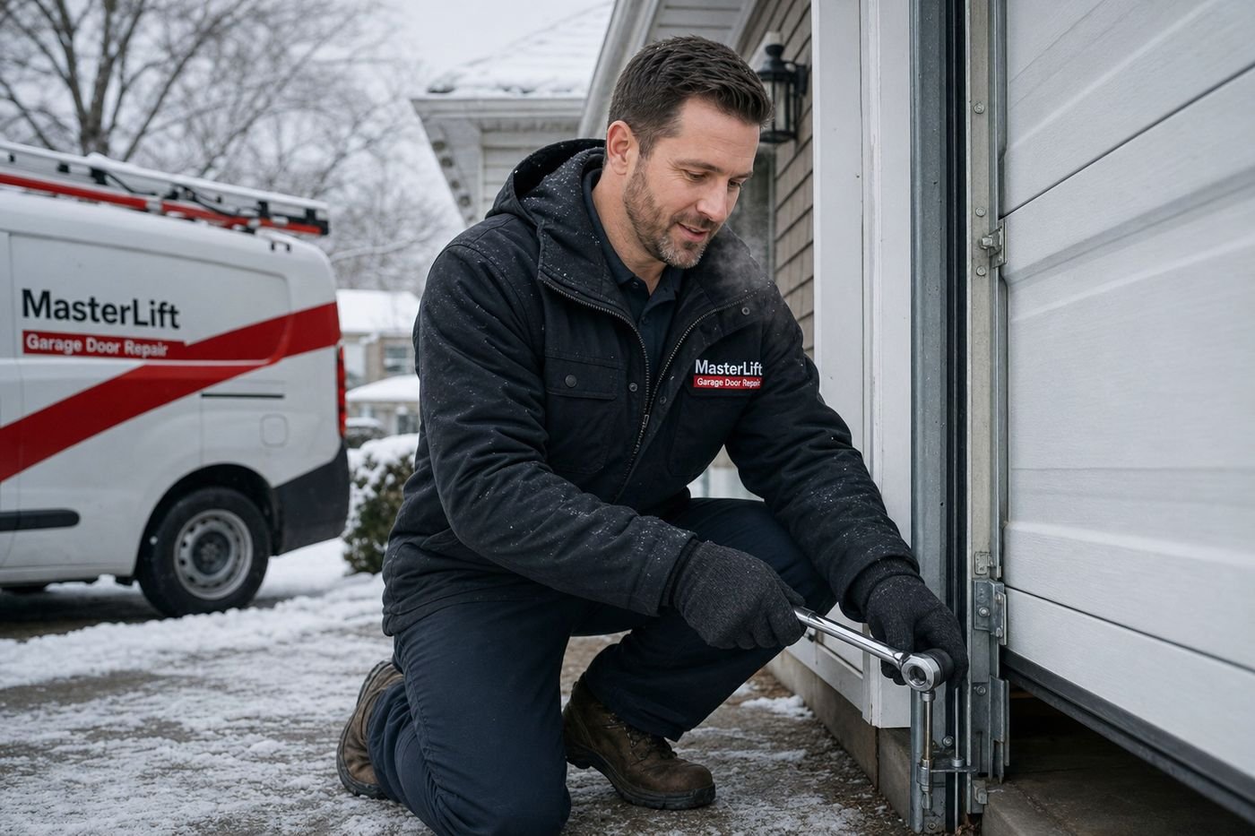 MasterLift technician adjusting a bottom bracket after a January freeze